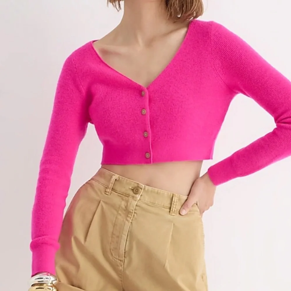J. CREW Neon Fuchsia Featherweight Cashmere Cropped Cardigan Sweater XS - Picture 1 of 5